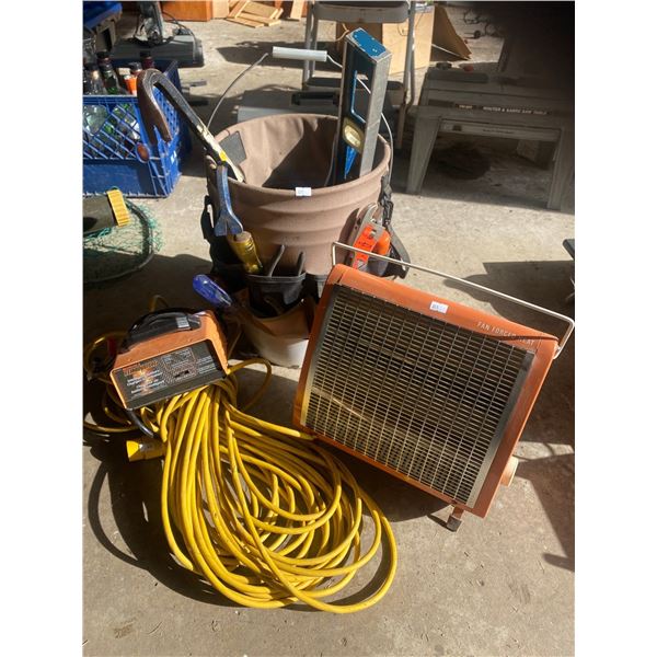 Tool Bucket With Contents With Mini Battery Charger , Space Heater, And XXL Extention Cord