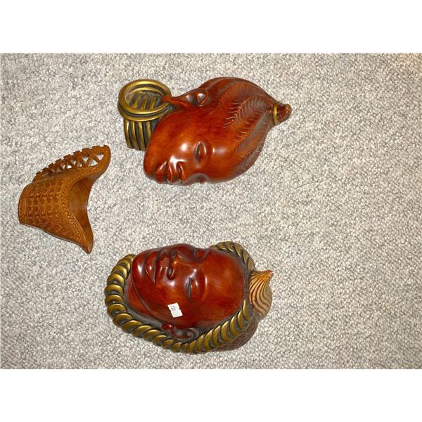 Set Of Wooden African Head Carvings With Small Wooden Pitcher