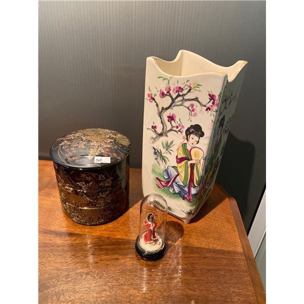 Asian Style Painted Vase With Small Figurine And Stacked Ceramic Jewelry Box