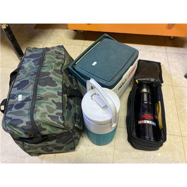 Set Of Thermoses With Sleeping Bag And Coleman Cooler