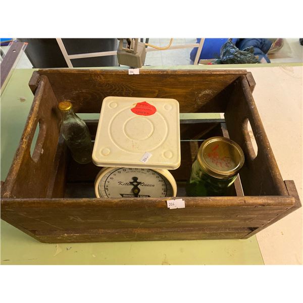 Vintage Wooden Mountain Box Crate With Vinttage Coke Bottle And Scale