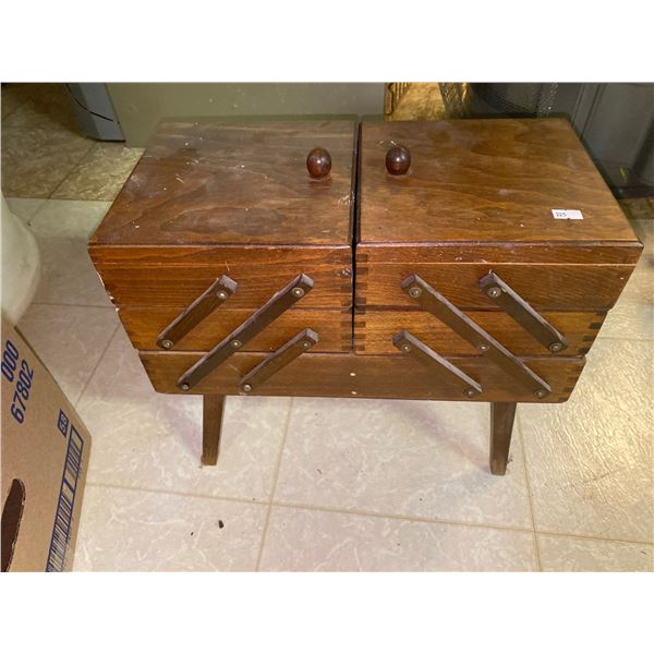 Antique Wooden Sewing Box With Contents