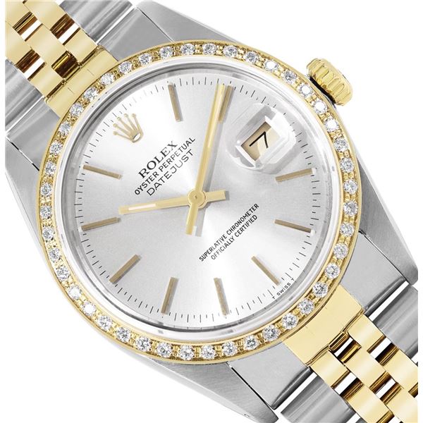 Rolex 36MM 2Tone Silver Dial 18K Yellow Gold Diamond Bezel Datejust With Rolex B