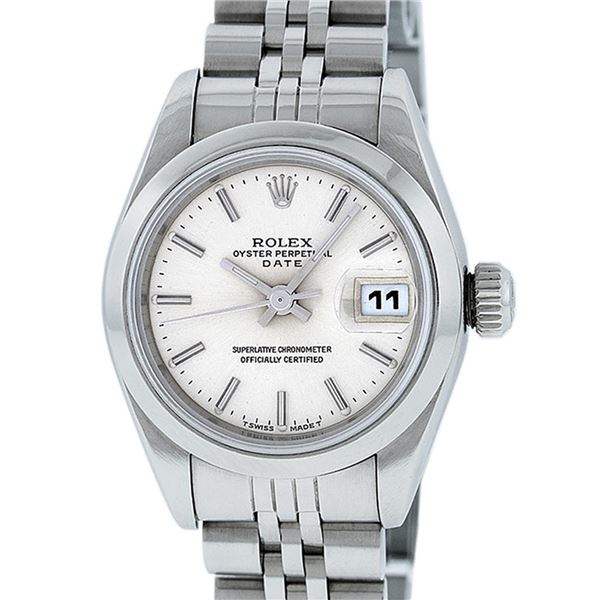 Rolex Ladies Stainless Steel Silver Index Smooth Bezel 26MM Quickset Date Wristw