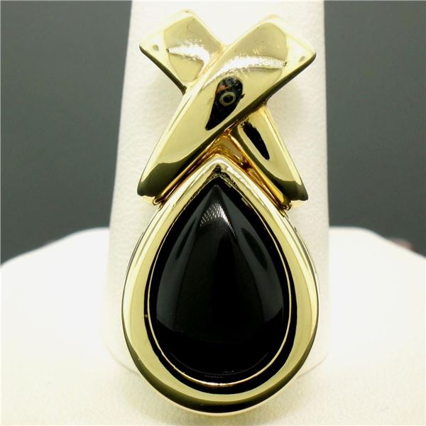 14k Solid Yellow Gold Pear Shaped Cabochon Bezel Black Onyx Teardrop  X  Pendant