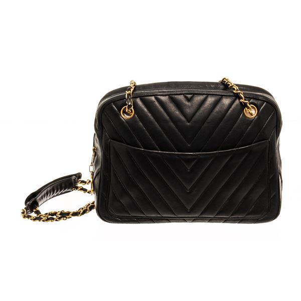 Chanel Black Lambskin Chevron Camera Bag