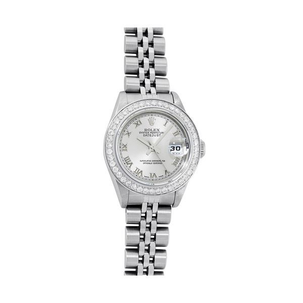 Rolex Ladies Quickset Stainless Steel Gray Roman Stainless Steel Diamond Bezel W