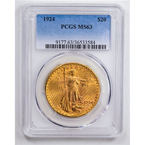 1924 $20 Double Eagle Gold Coin PCGS MS63