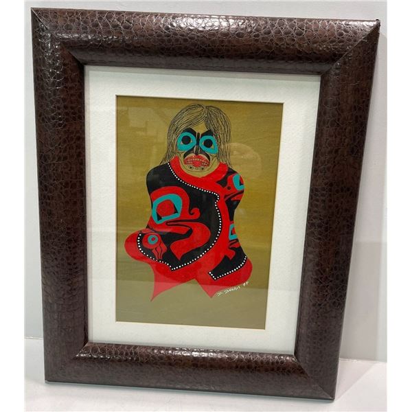 Danny Dennis 1995 Acrylic on Rice Paper Original Shaman w Button Blanket Frame 15Wx18H Art 7.5Wx11H