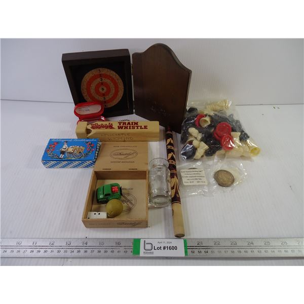 Plastic Chess Pieces, Mini Dart Set, Train Whistle, Flute, Collector Medallions (2) and misc.