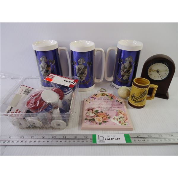 (3) Plastic Beer Steins, Clock, Wall Hanger, Corkscrew, Souvenir Small Mug, Several Pkgs. of Plastic