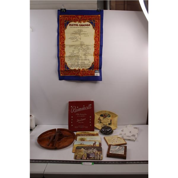 Vintage Woven Wooden Serving Trays w/Saucer, Wooden  Lolita  Nut Cracker, 1940 Rummoli Game, Jamaica