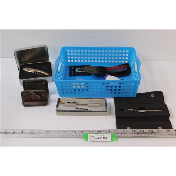 Lot of: Swiss Army Knife, (2) Collectors Pens, Money Clip, Horse Card Holder, Misc. in Blue Plastic 