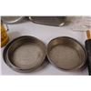 Image 2 : Perogies Maker Set, (4) Round Cake Pans, Metal Rolling Pin, (2) Pancake Pans, Vintage Flour Sifter