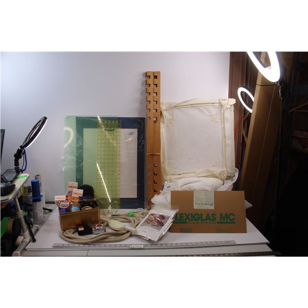 *Misc. Items - PlexiGlass Pieces, Omnigrid, Framing Mat, Notched Wooden Gig, Needle Point w/Frame, N