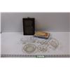 Image 1 : (4) Candy Dishes, Vintage Box of Regal Greeting Cards, (2) Glass Cups & Wall Plaque