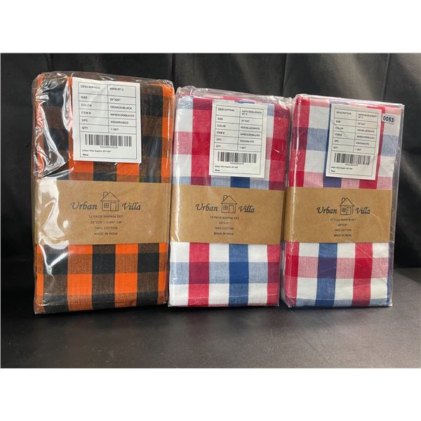 Lot of 3 Multi-Packs of Urban Villa Premium Oversized Napkins/Cloths - 20x20in - 12 pcs per pack!