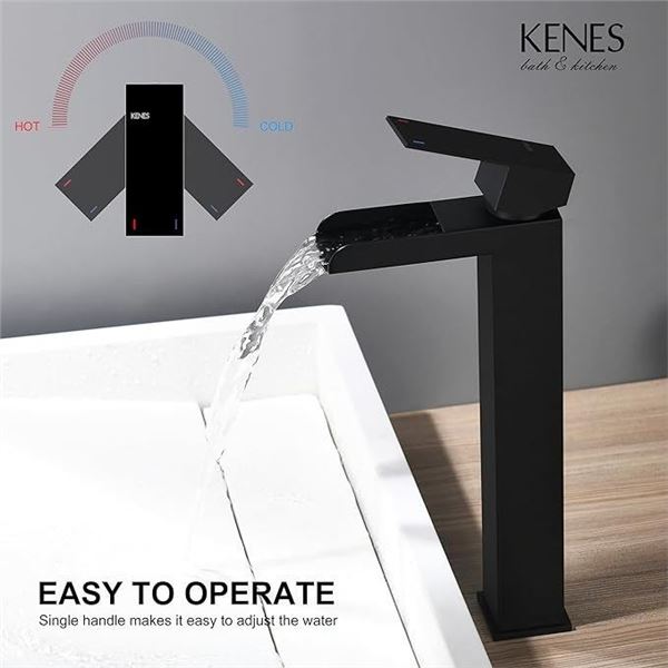 Lot of 1 Kenes Tall Single-Lever Waterfall Bathroom Sink Faucet - Black - Brand New!