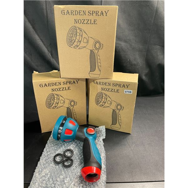 Lot of 3 Garden Hose Spray Nozzles w/ 10 Adjustable Spray Patterns - Brand New