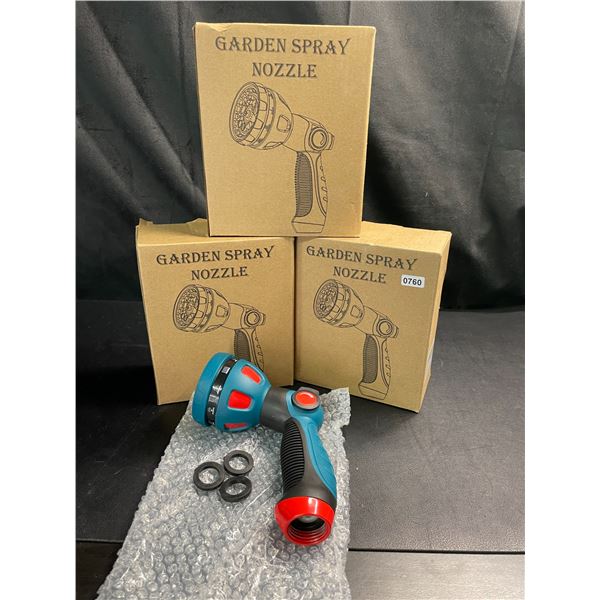 Lot of 3 Garden Hose Spray Nozzles w/ 10 Adjustable Spray Patterns - Brand New