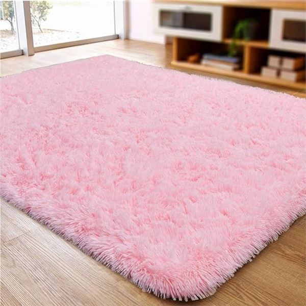 Lot of 1 Large Size (5.3ft x 7.3ft) Soft Fluffy Area Rug/Fuzzy Carpet - Pink Colour - Anti-Slip Back