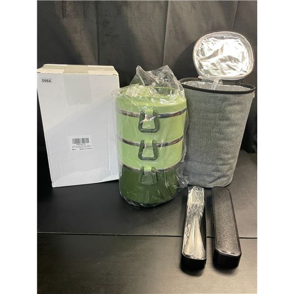 Lot of 1 Stackable 3-Layer Bento Lunch Box w/ Insulated Carrying Bag & Cutlery Set - Brand New