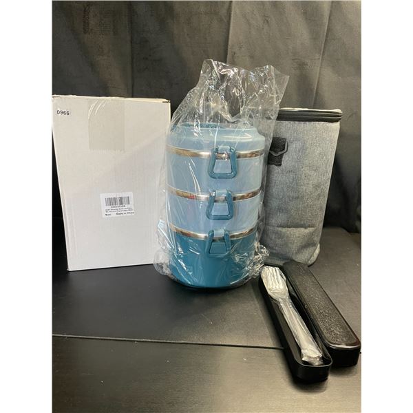 Lot of 1 Stackable 3-Layer Bento Lunch Box w/ Insulated Carrying Bag & Cutlery Set - Brand New