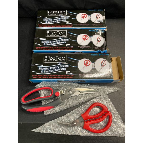 Lot of 3 Boxes of BlizeTec Poultry Shears & Seafood Scissors - 2 Pairs Per Box/6 Total - Brand New