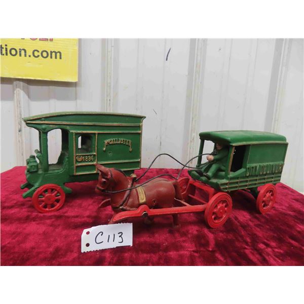 2 Cast Delivery Wagons - 1 with Horse + Driver  - largest 3.25  x 5.75  x 7.5  