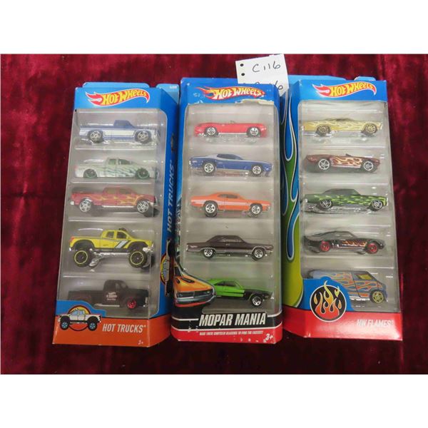 Hot Wheels Die Cast (3) 5 Packs ; Hot Trucks, Mopar Mania, HW Flames 1:64 Scale