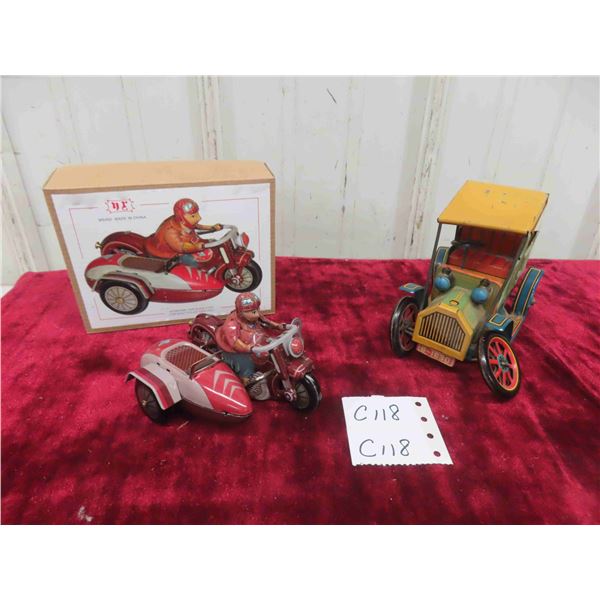 Wind Up Metal Motorcycle with Side Car in Original Box + Vintage Metal Car 