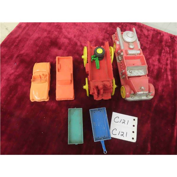 4 Plastic Vehicles ; 2 Cars, Wagon, Firetruck - Largest 2.25 x 2.5 x 7.5  & 2 Metal 