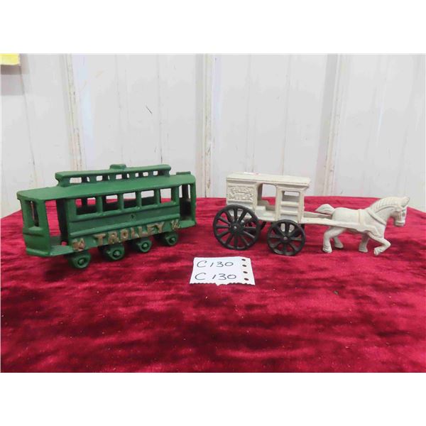 2 Cast Vehicles ; Trolley 2.25  x 3.75  x 7  , Horse Pulling Fresh Milk Delivery Van 