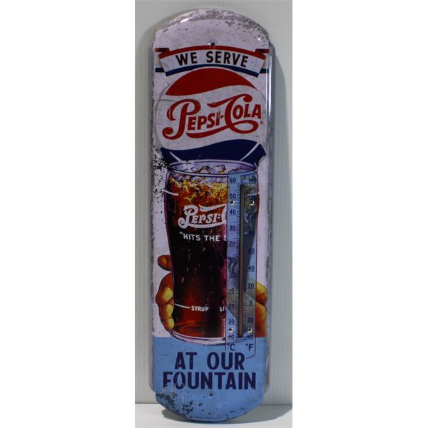 METAL PEPSI-COLA "AT OUR FOUNTAIN" THERMOMETER