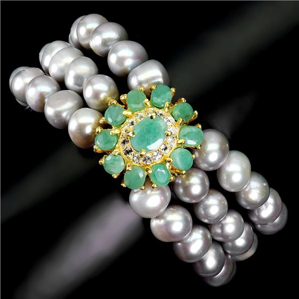 Luxury Emerald, 3 Rows Rare Grey Pearls and Topaz Bracelet in 925 Sterling Silver 14 K Yellow Gold P