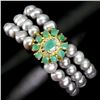 Image 1 : Luxury Emerald, 3 Rows Rare Grey Pearls and Topaz Bracelet in 925 Sterling Silver 14 K Yellow Gold P