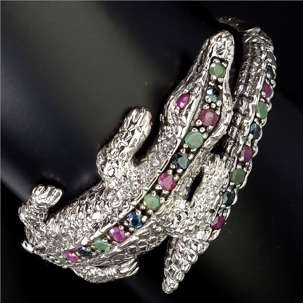 Breathtaking Crocodile Bangle with Ruby, Emerald and Sapphire in 925 Sterling Silver - Appraised Rep