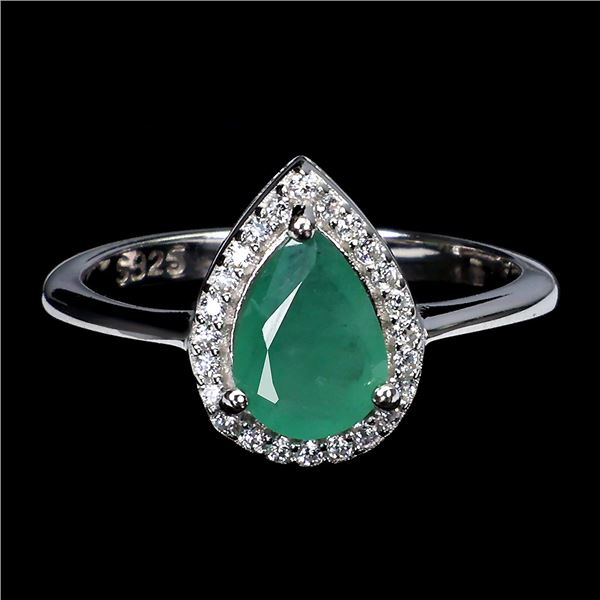 Elegant Emerald Pear Cut Ring in 925 Sterling Silver 14 K White Gold Plated   Size 7 - Appraised Rep