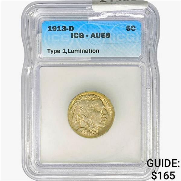 1913-D Buffalo Nickel ICG AU58 Ty 1 Lamination