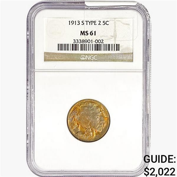 1913-S Buffalo Nickel NGC MS61 Ty 2