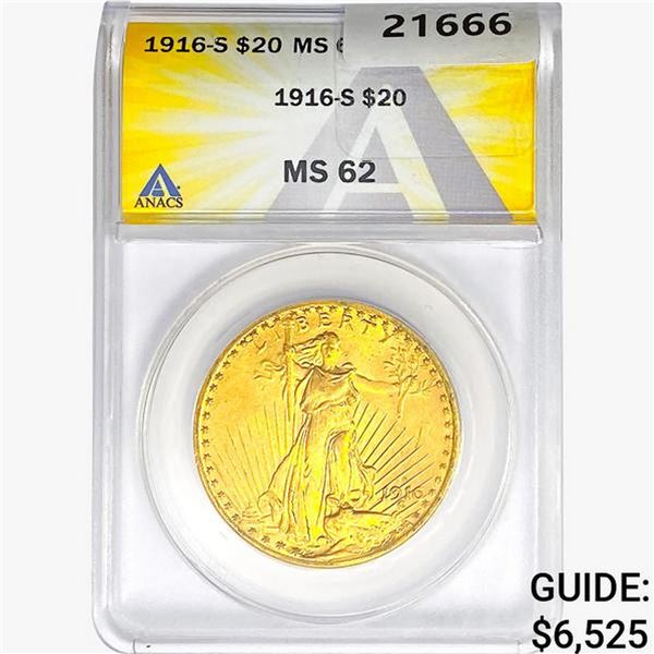 1916-S $20 Gold Double Eagle ANACS MS62