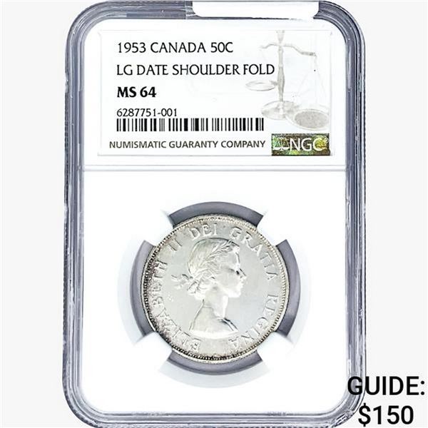 1953 Canada 50C Lg. Dt. Shoulder Fold NGC MS64