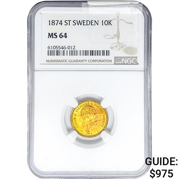 1874 .1296oz. Gold ST Sweden 10 Kroner NGC MS64