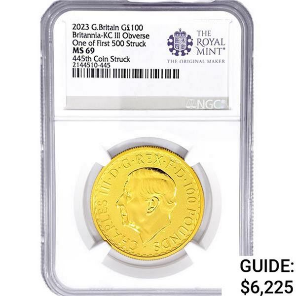 2023 G.B Â£100 1oz. Gold NGC MS69 KCIII OBV 445th
