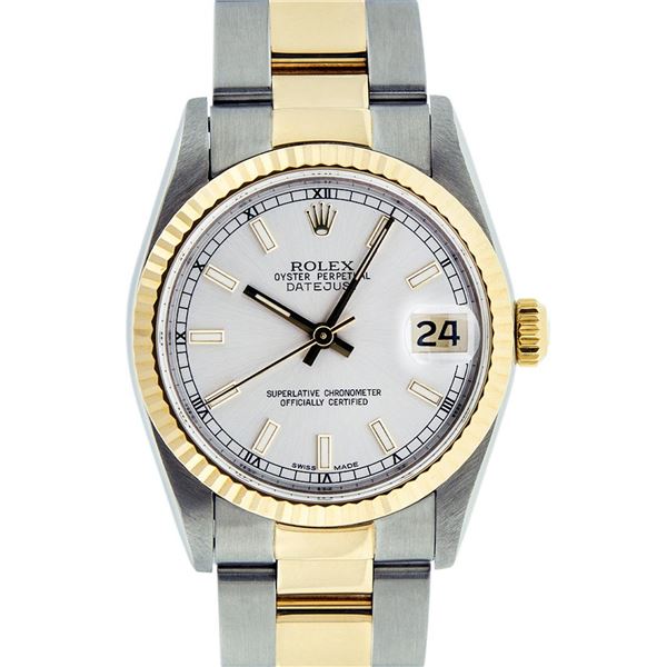 Rolex Ladies Quickset Midsize 31MM 18K Yellow Gold And Steel Silver Index Oyster