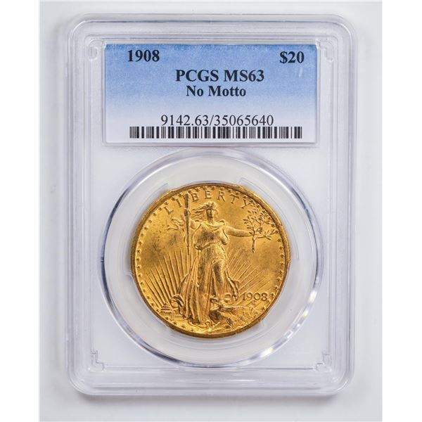 1908 $20 No Motto Double Eagle Gold Coin PCGS MS63