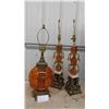 Image 1 : 3 Brass + Amber Colored Table Lamps : (2) 31", (1) 28" - NO Shades