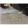 Image 2 : 2pc Glass + Brass Table Set ; Coffee Table 16" x 26" x 50" + Sofa Table 17" x 27" x 50" 