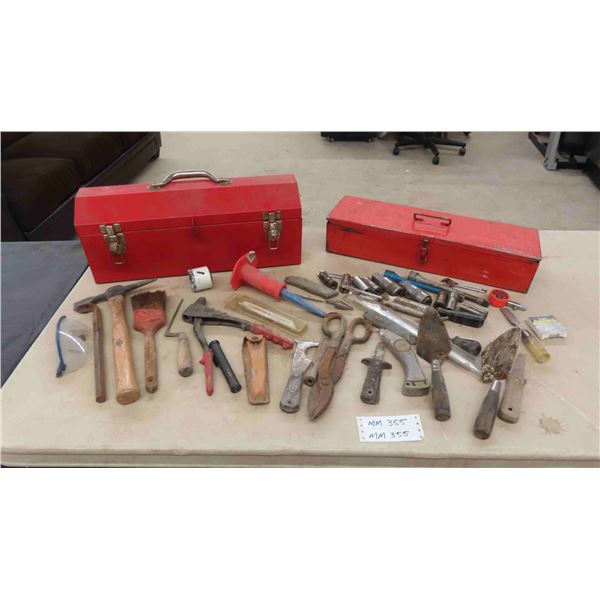 2 Tool Boxes with Tools ; Pop Rivet Gun, Tin Snips, Drivers, Chisels, Trowels, Stud