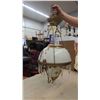 Image 1 : Hanging Coal Oil Lamp with Brass Trim, Milk Glass with Flowers, Hanging Prisms